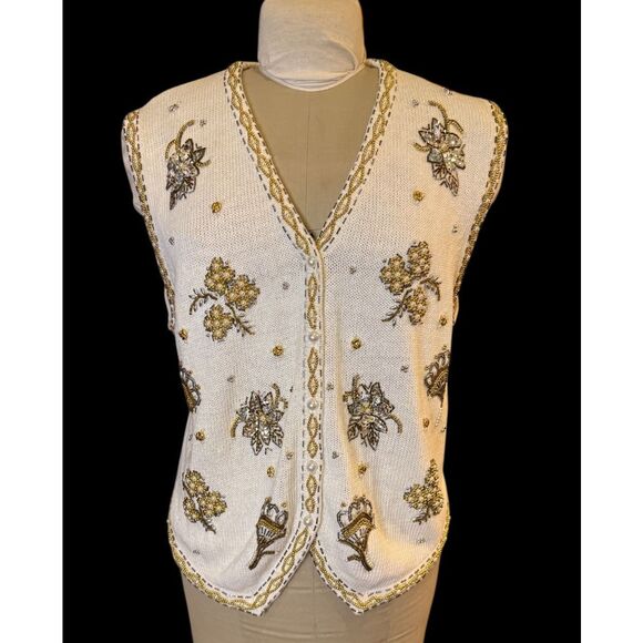 Claudia D Holiday Sweater Vest Women's XL Cream Pearl Gold Silver Beads Christma - Picture 2 of 10